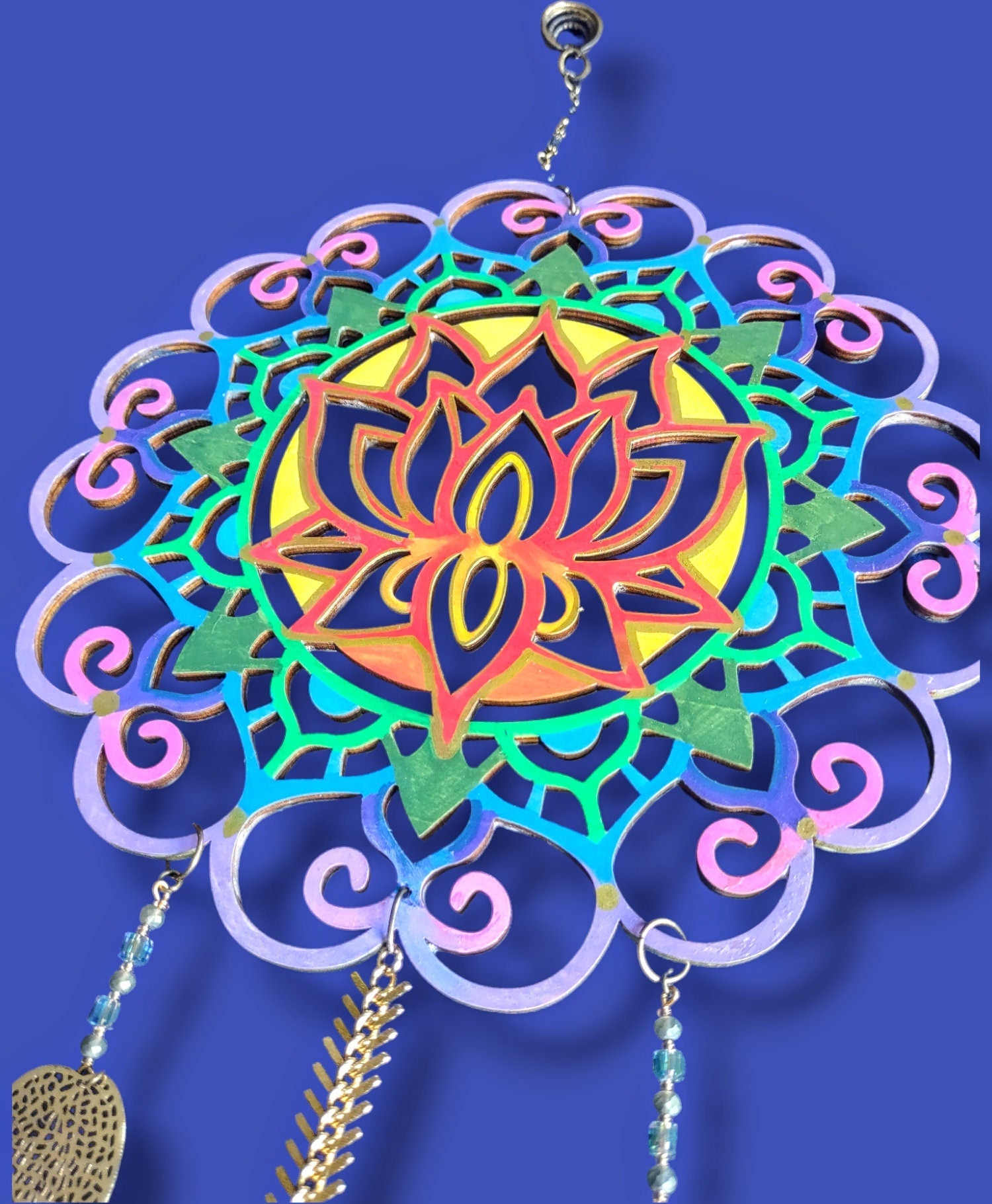 Lotus Mandala Suncatcher — painted spinning mandala with beaded tail | Judaica Square Lakewood (view 2)