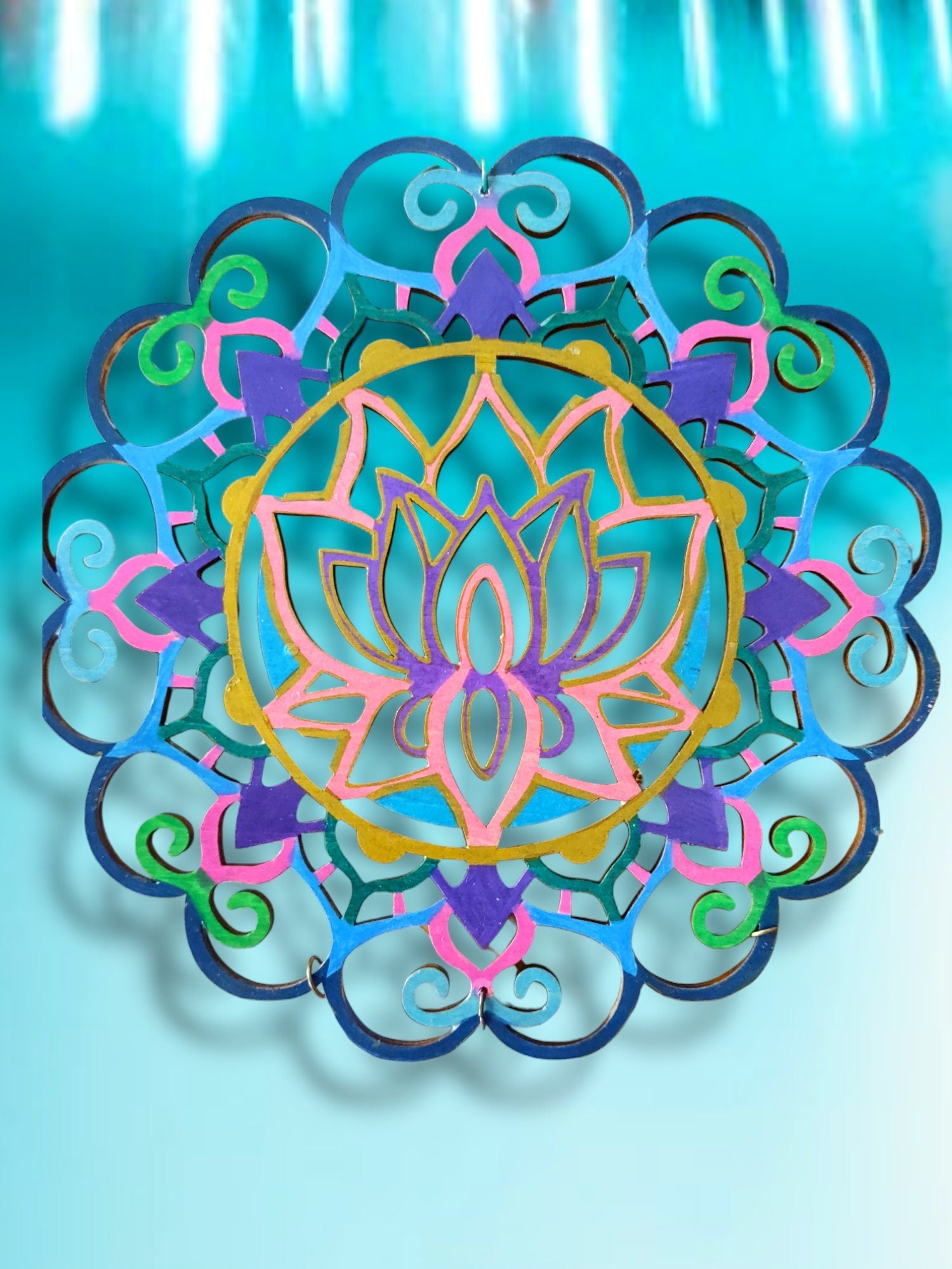 Lotus Mandala Suncatcher — painted spinning mandala with beaded tail | Judaica Square Lakewood (view 4)