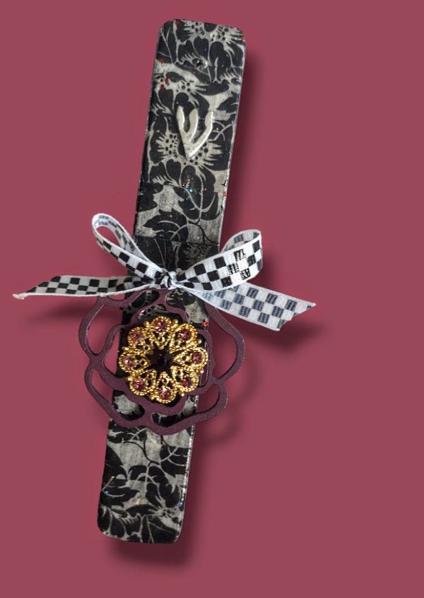 Fun and sparkly mezuzah — decoupage wood with ribbon and jewels | Judaica Square Lakewood (view 2)