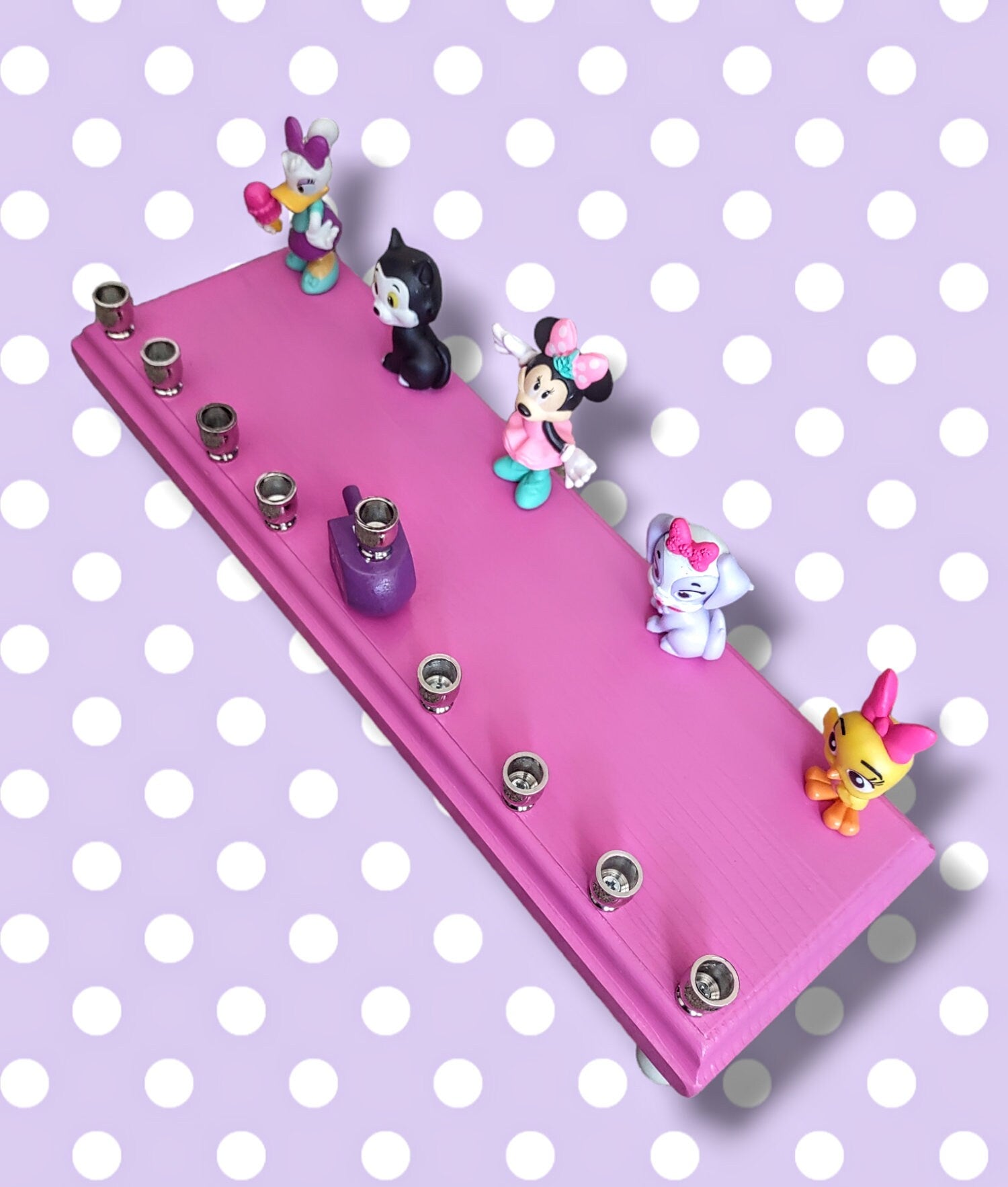 Minnie Mouse and Daisy menorah — repurposed figures with aluminum candle cups | Judaica Square Lakewood (view 4)
