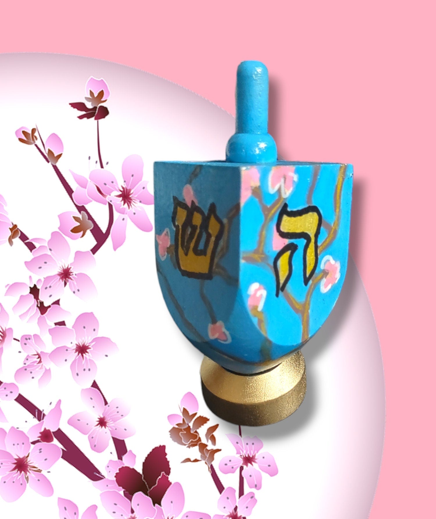 Cherry Blossom Dreidel — pink blossom branches on wood dreidel with stand | Judaica Square Lakewood (view 2)