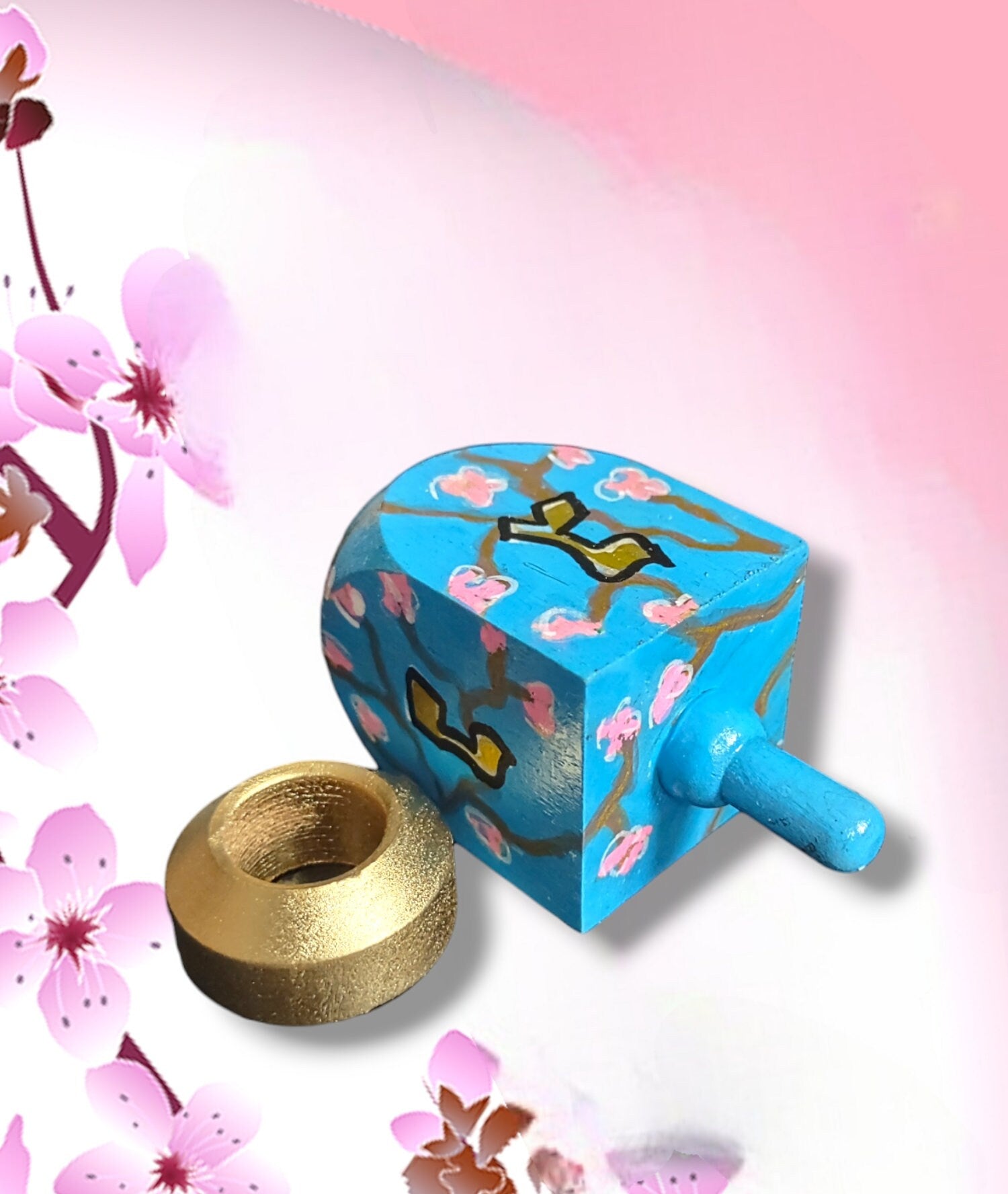 Cherry Blossom Dreidel — pink blossom branches on wood dreidel with stand | Judaica Square Lakewood (view 3)