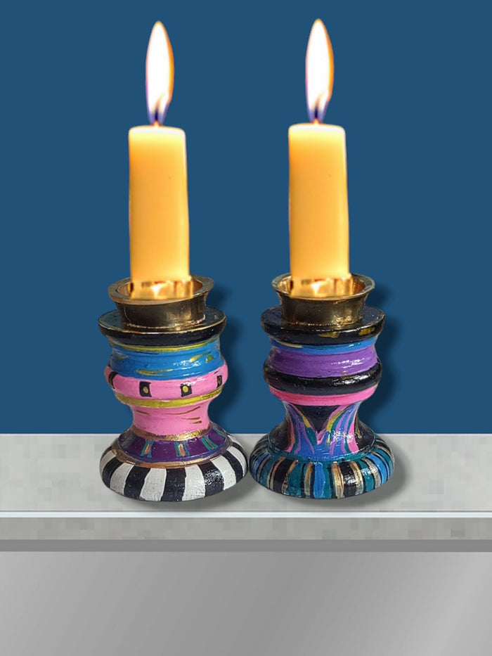 Mismatched Shabbat candlesticks — whimsical and psychedelic hand-painted wooden pairs | Judaica Square Lakewood