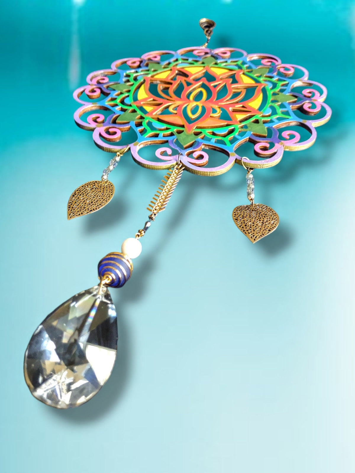 Lotus Mandala Suncatcher — painted spinning mandala with beaded tail | Judaica Square Lakewood (view 3)