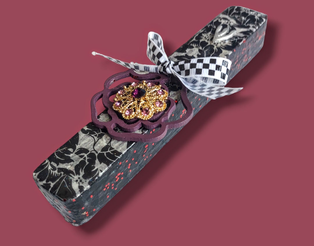 Fun and sparkly mezuzah — decoupage wood with ribbon and jewels | Judaica Square Lakewood (view 3)