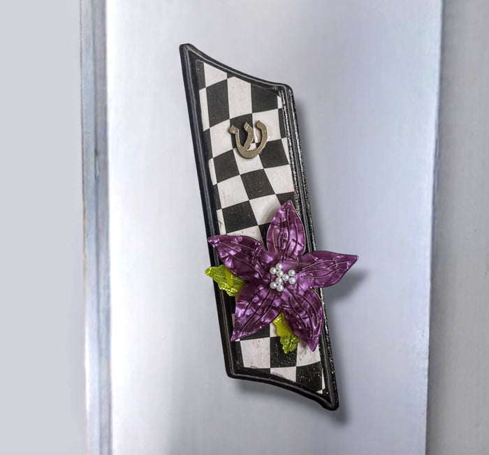 Purple floral funky checks mezuzah — checkered decoupage wood case | Judaica Square Lakewood