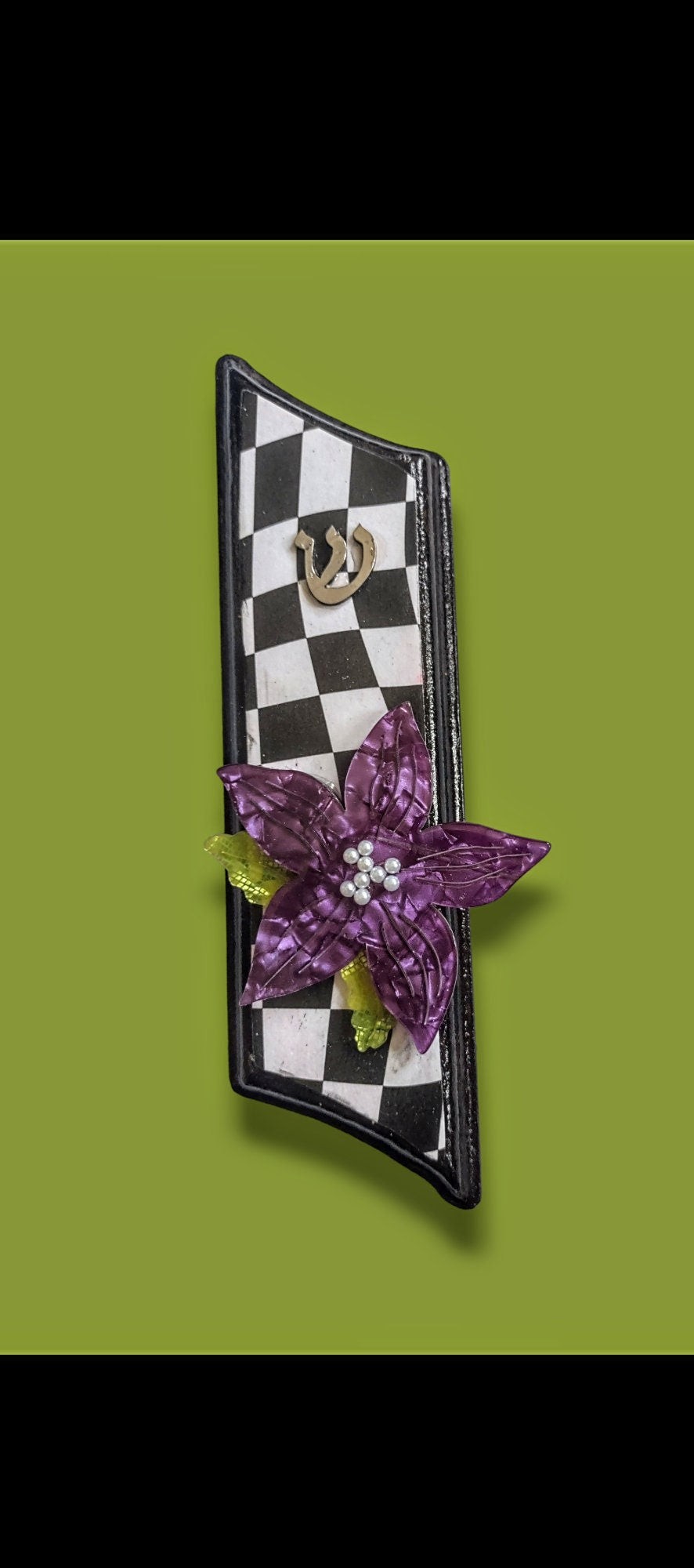 Purple floral funky checks mezuzah — checkered decoupage wood case | Judaica Square Lakewood (view 2)