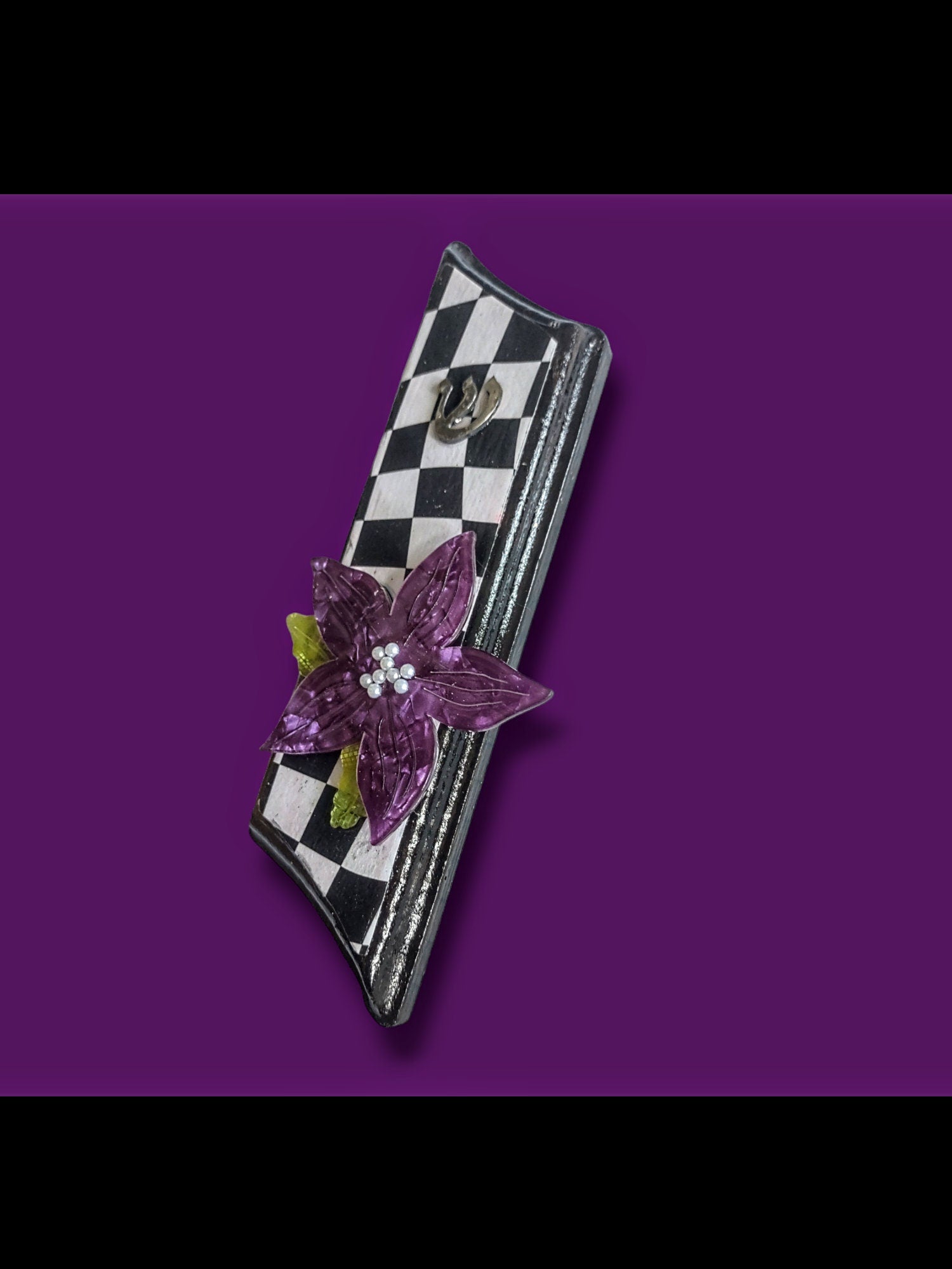 Purple floral funky checks mezuzah — checkered decoupage wood case | Judaica Square Lakewood (view 4)