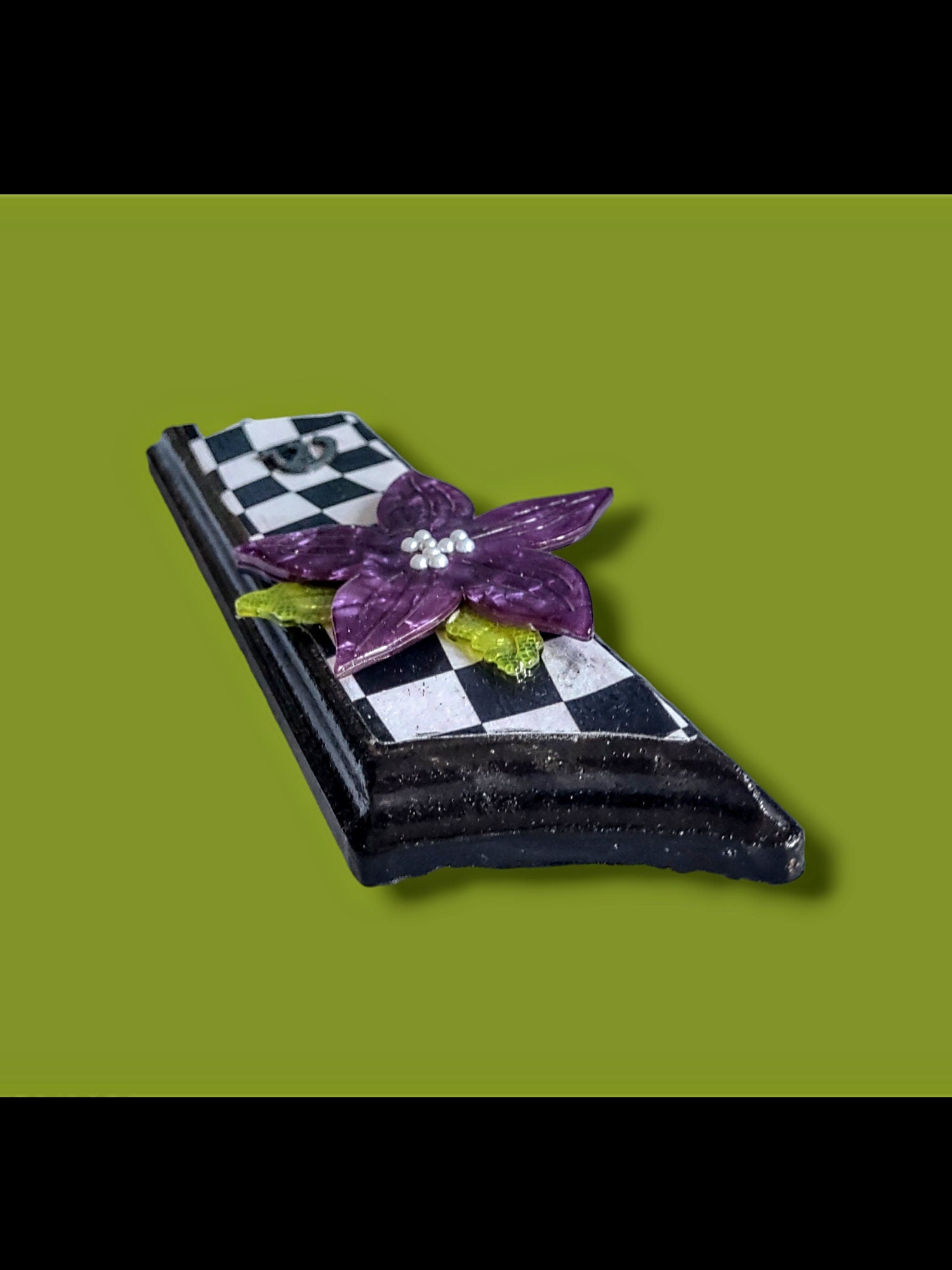 Purple floral funky checks mezuzah — checkered decoupage wood case | Judaica Square Lakewood (view 5)