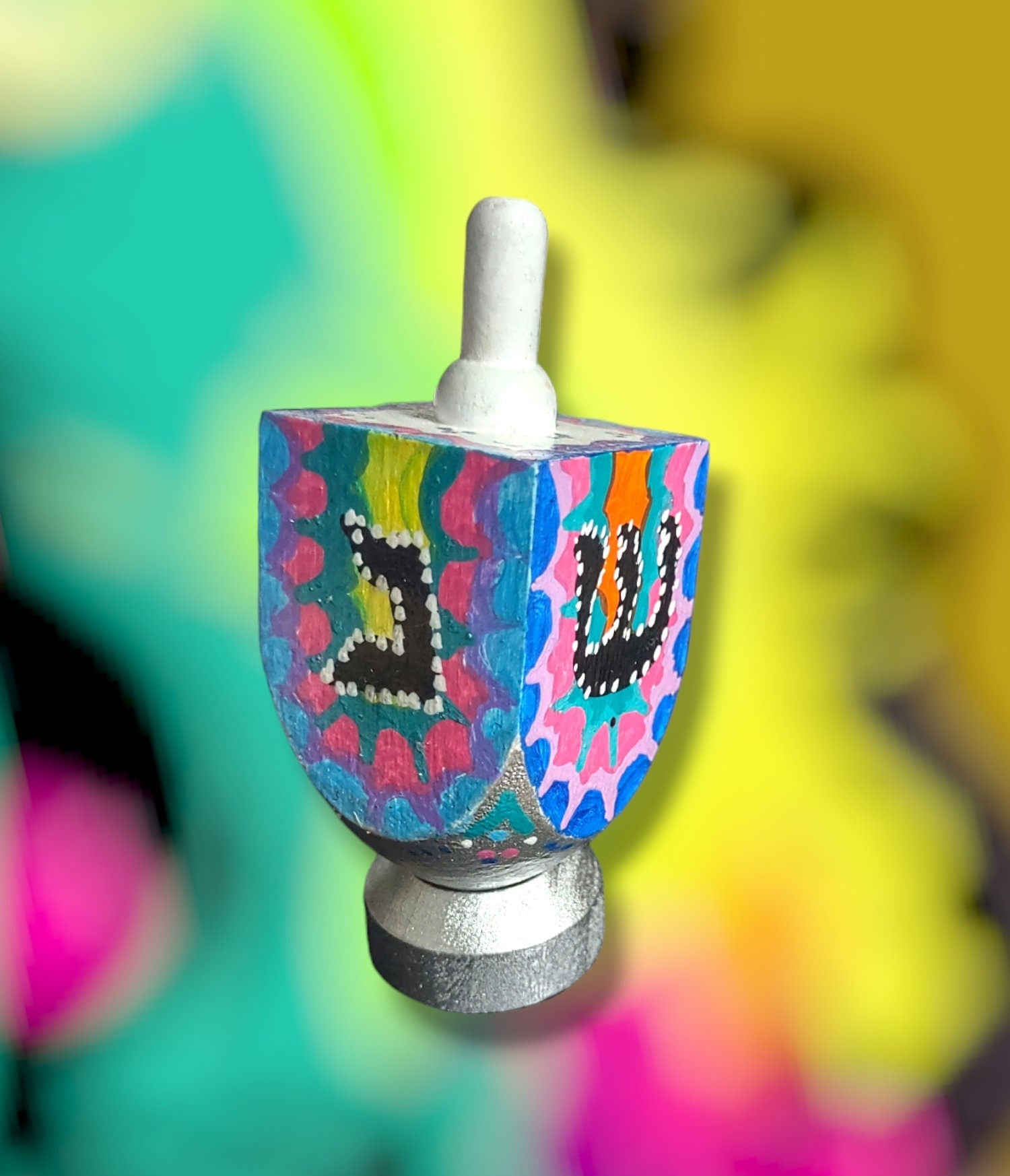 Neon Dreidel — bright neon hand-painted wooden dreidel on stand | Judaica Square Lakewood (view 2)