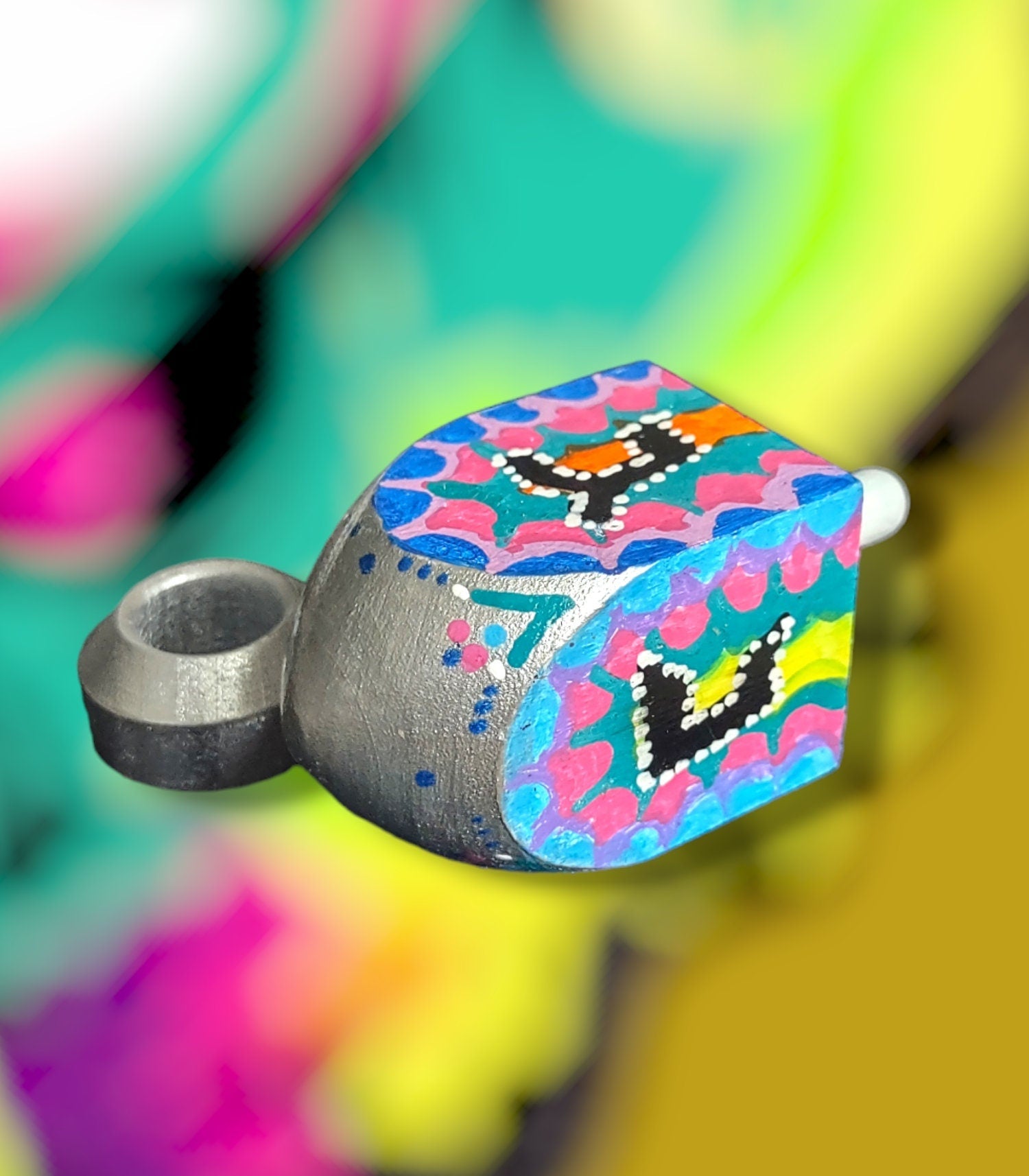 Neon Dreidel — bright neon hand-painted wooden dreidel on stand | Judaica Square Lakewood (view 3)