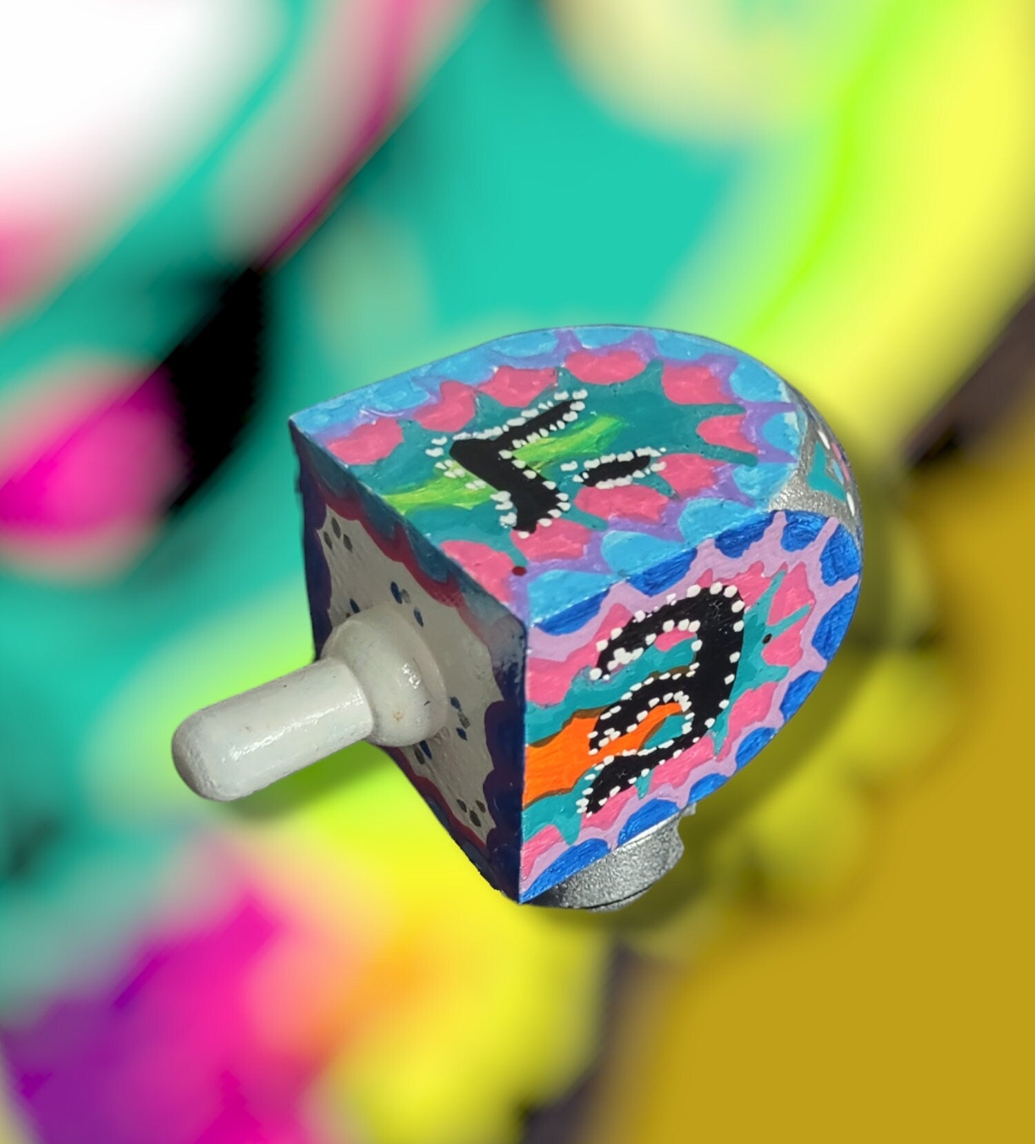 Neon Dreidel — bright neon hand-painted wooden dreidel on stand | Judaica Square Lakewood (view 4)