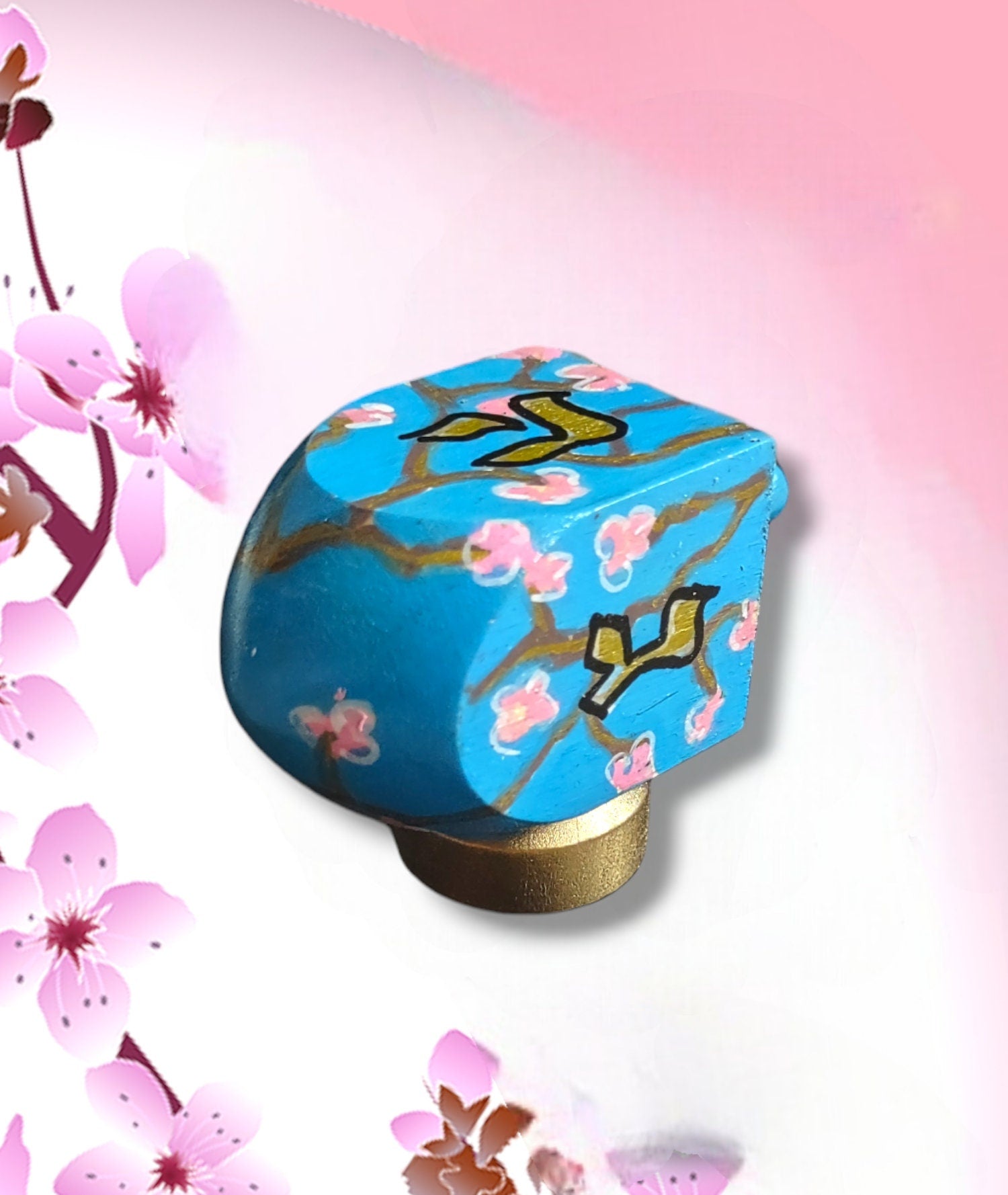 Cherry Blossom Dreidel — pink blossom branches on wood dreidel with stand | Judaica Square Lakewood (view 4)