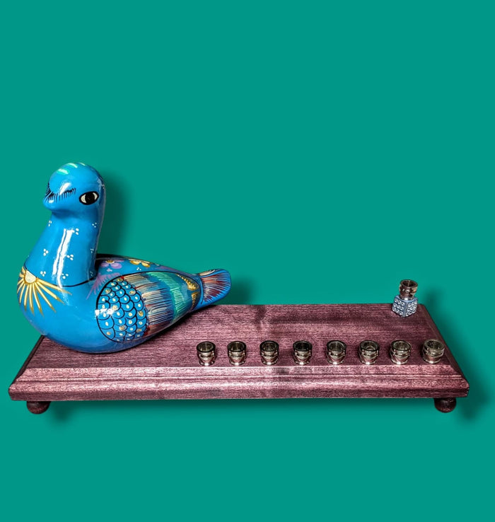 Vintage Blue Bird Menorah — painted ceramic bird on stained wood base | Judaica Square Lakewood