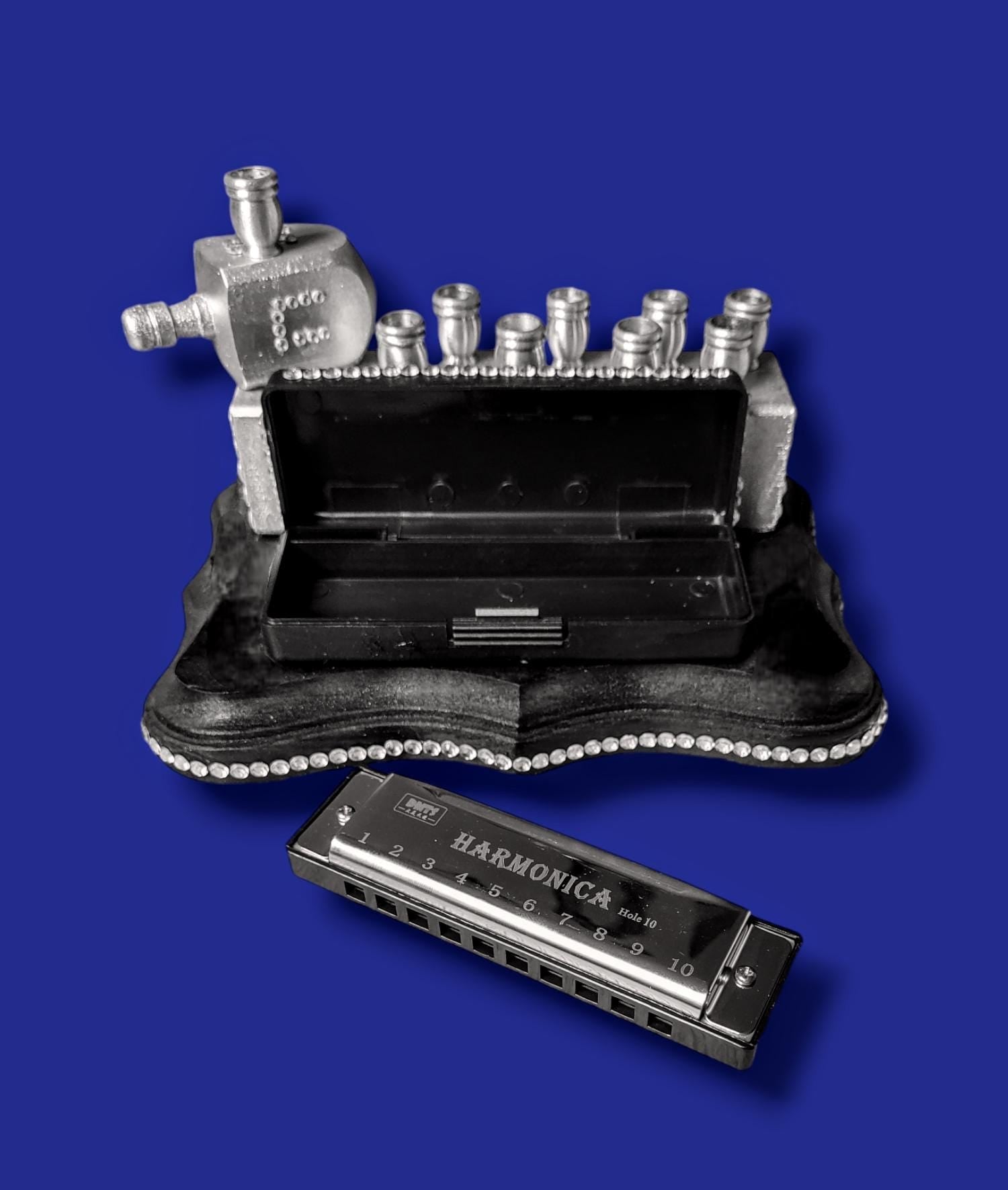 Harmonikkah Menorah — open harmonica box with rhinestones and candle cups | Judaica Square Lakewood (view 2)
