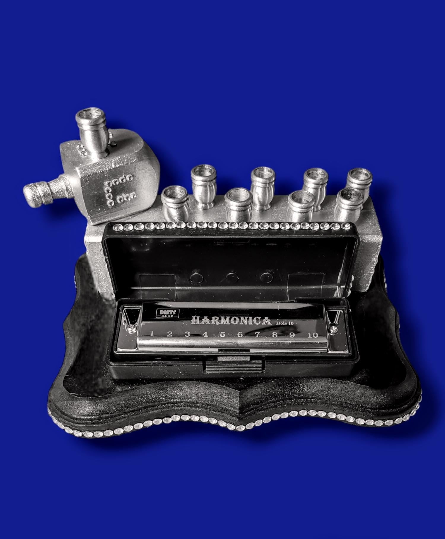 Harmonikkah Menorah — open harmonica box with rhinestones and candle cups | Judaica Square Lakewood (view 3)