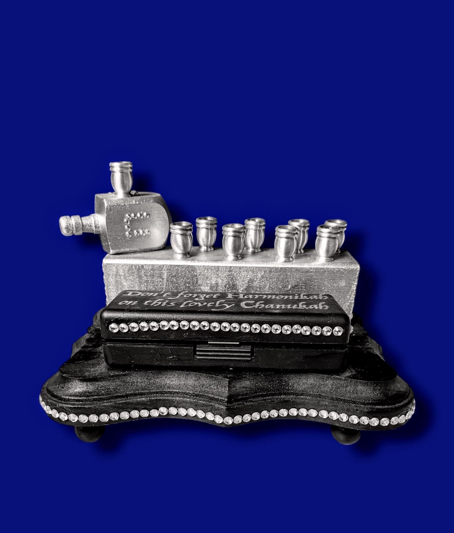 Harmonikkah Menorah — open harmonica box with rhinestones and candle cups | Judaica Square Lakewood (view 5)