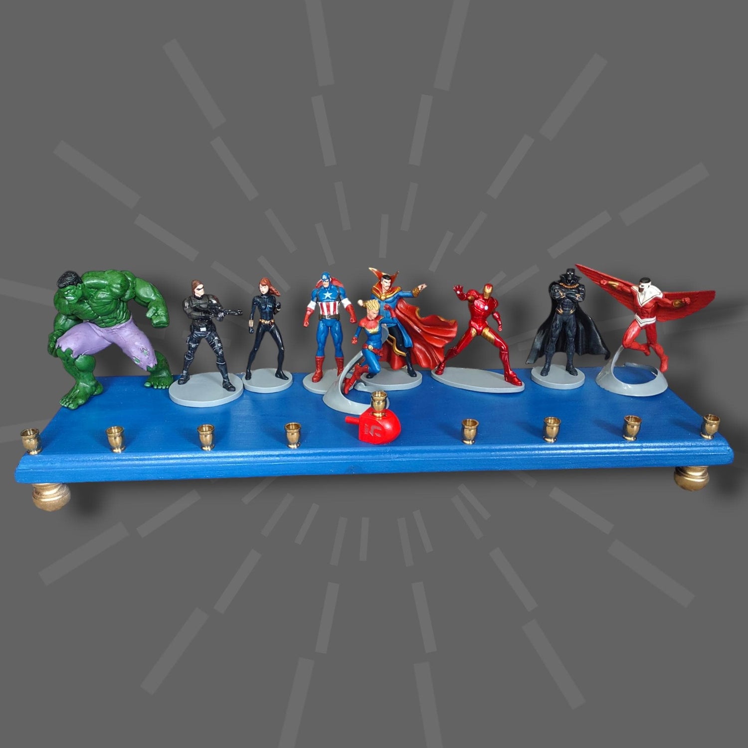 Avengers menorah — Marvel superhero action figures with brass candle cups on wood plaque | Judaica Square Lakewood (view 2)
