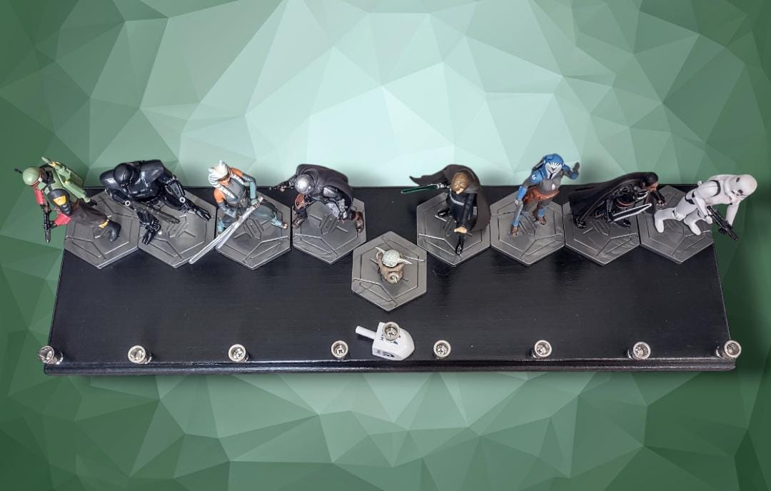 Star Wars Menorah — Mandalorian action figures with nickel cups on wood plaque | Judaica Square Lakewood (view 3)