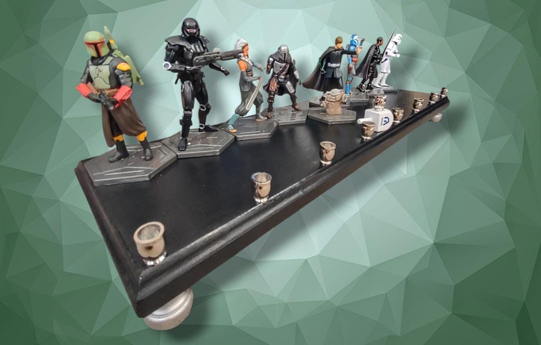 Star Wars Menorah — Mandalorian action figures with nickel cups on wood plaque | Judaica Square Lakewood (view 5)