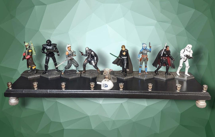 Star Wars Menorah — Mandalorian action figures with nickel cups on wood plaque | Judaica Square Lakewood