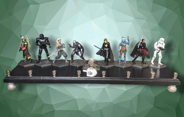 Star Wars Menorah — Mandalorian action figures with nickel cups on wood plaque | Judaica Square Lakewood