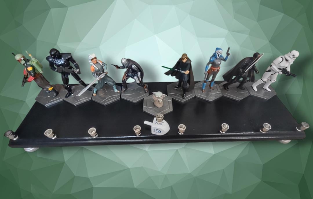 Star Wars Menorah — Mandalorian action figures with nickel cups on wood plaque | Judaica Square Lakewood (view 2)