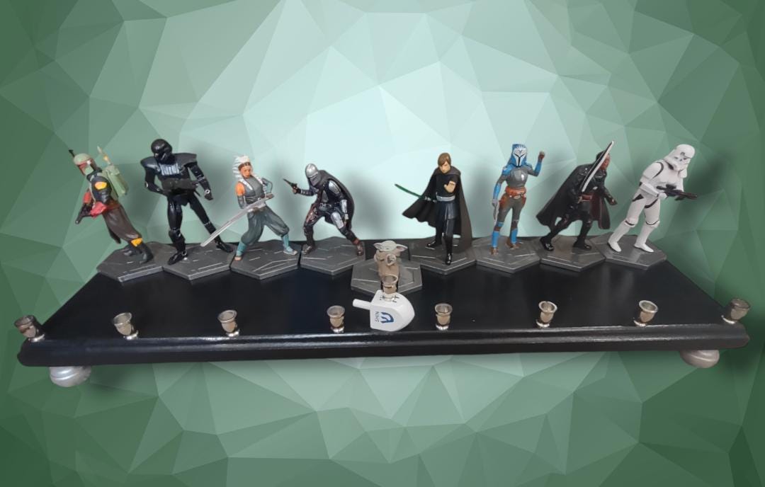 Star Wars Menorah — Mandalorian action figures with nickel cups on wood plaque | Judaica Square Lakewood (view 4)