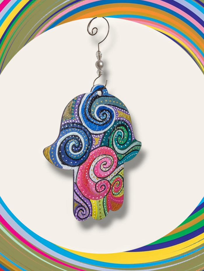 Hand-painted wooden hamsa — sealed Jewish wall decor with hook | Judaica Square Lakewood