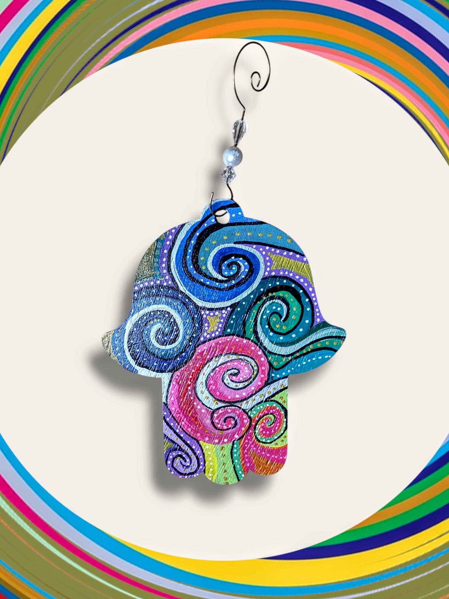 Hand-painted wooden hamsa — sealed Jewish wall decor with hook | Judaica Square Lakewood (view 2)