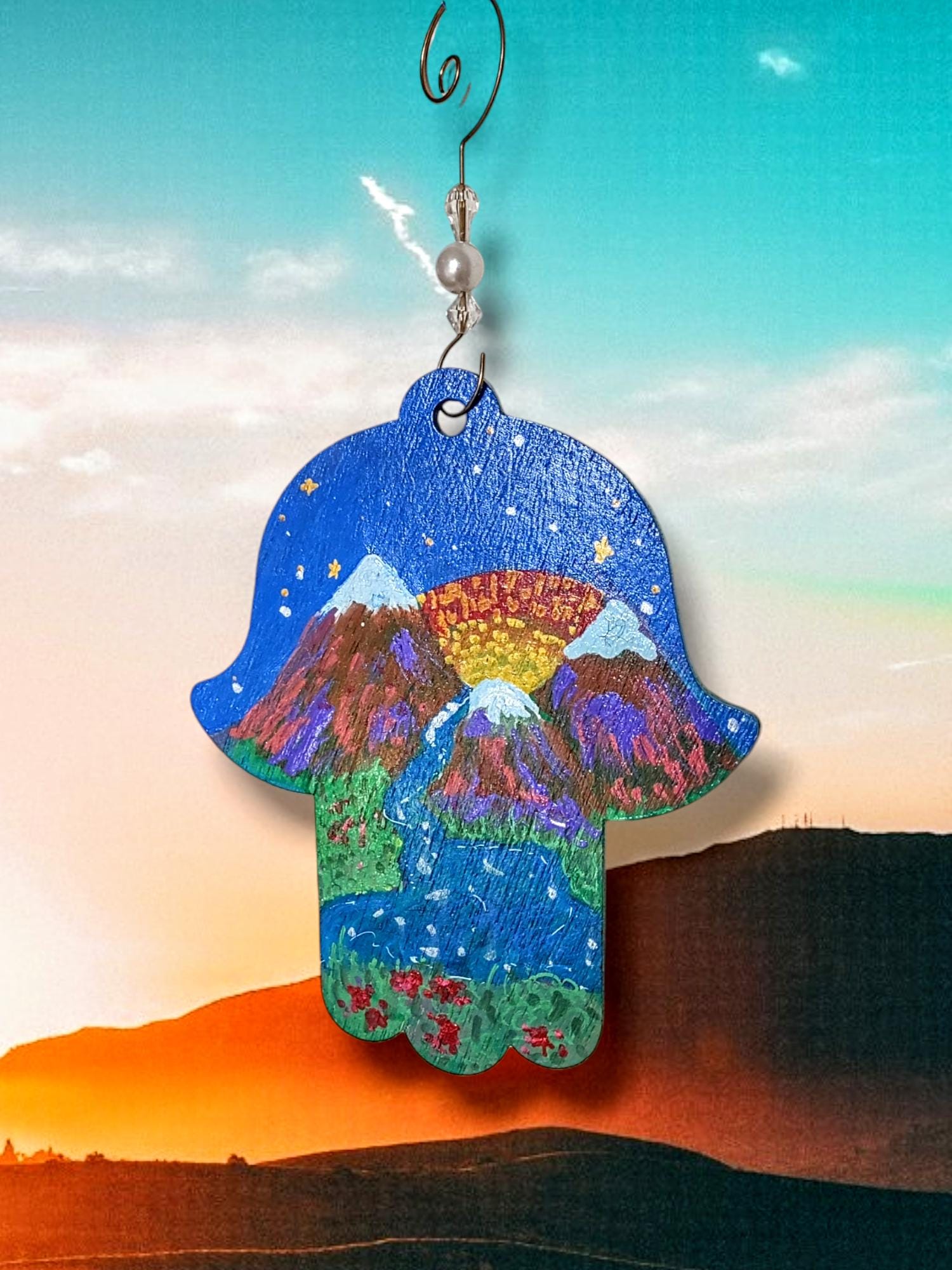 Hand-painted wooden hamsa — sealed Jewish wall decor with hook | Judaica Square Lakewood (view 4)