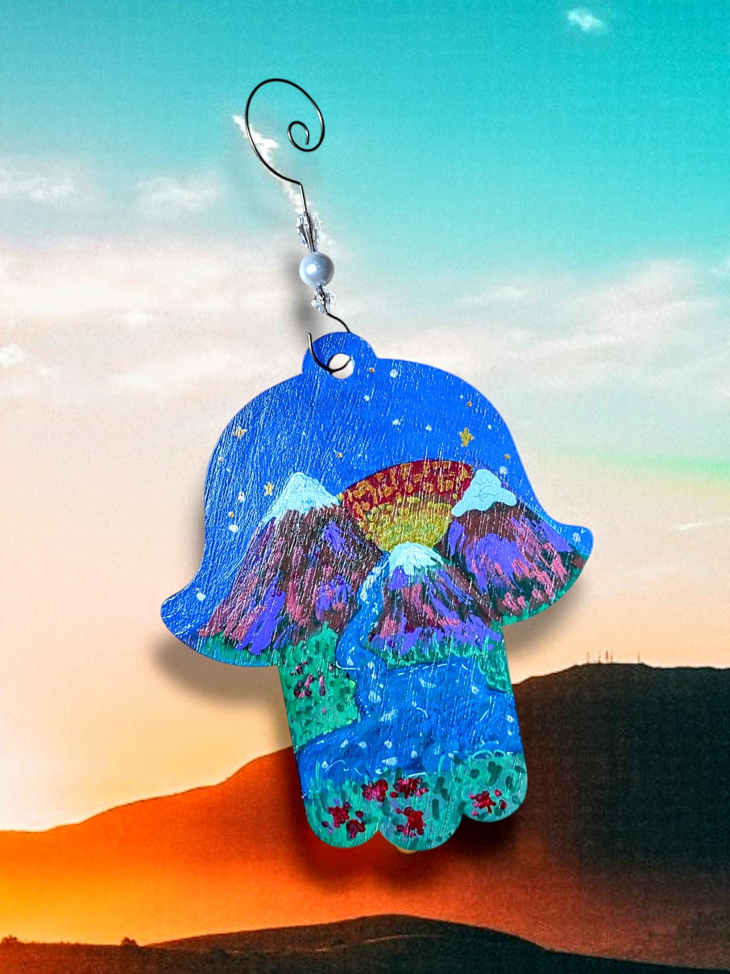 Hand-painted wooden hamsa — sealed Jewish wall decor with hook | Judaica Square Lakewood (view 5)