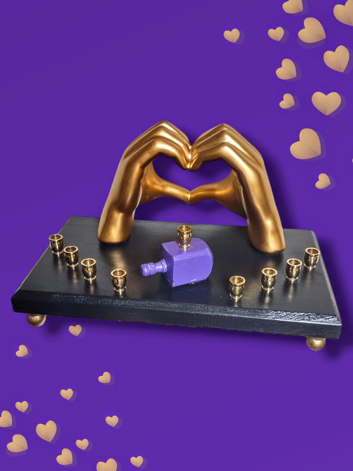 Swiftie Fan Menorah — golden ASL I love you hands with purple glitter dreidel | Judaica Square Lakewood
