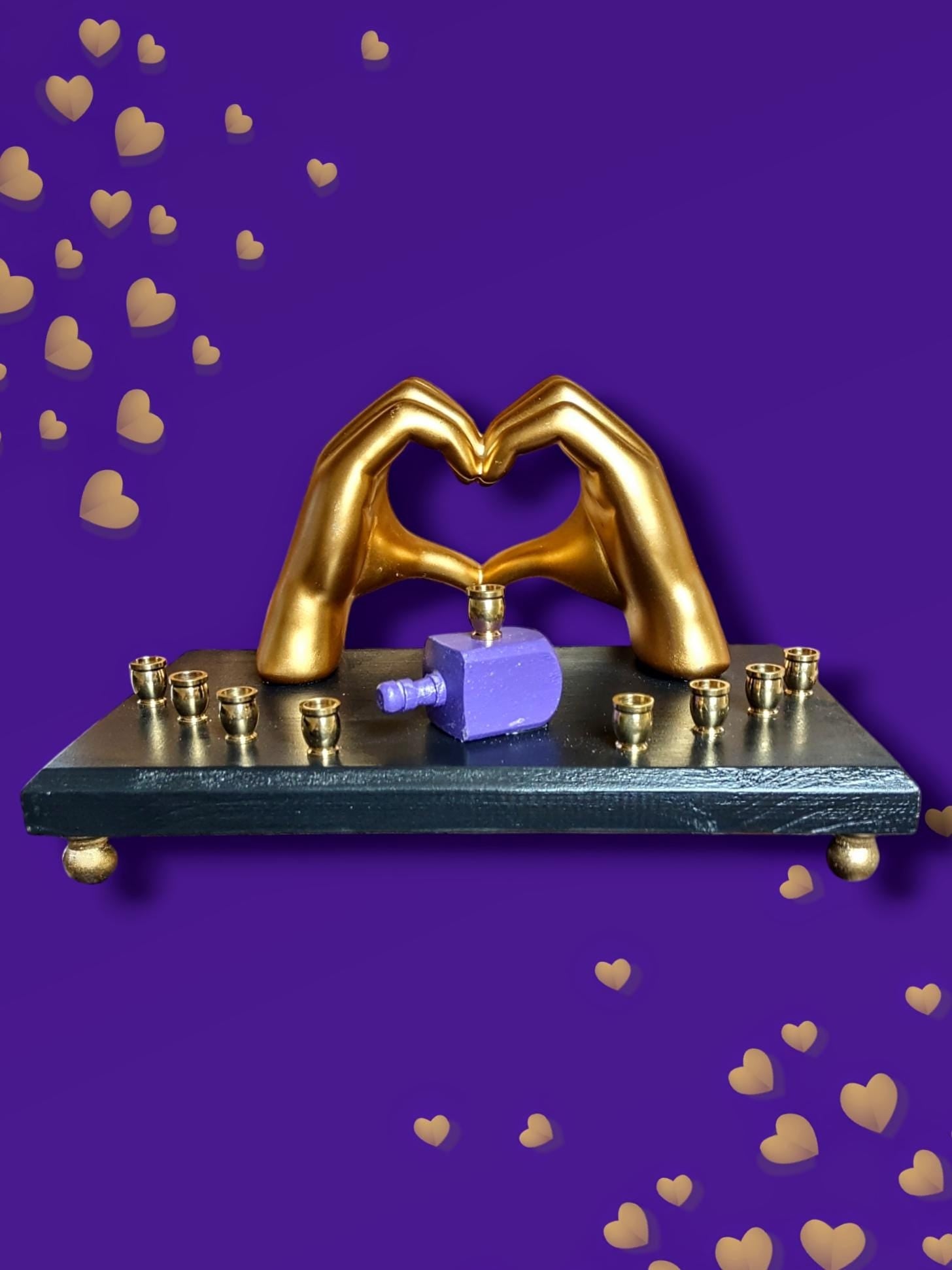 Swiftie Fan Menorah — golden ASL I love you hands with purple glitter dreidel | Judaica Square Lakewood (view 3)