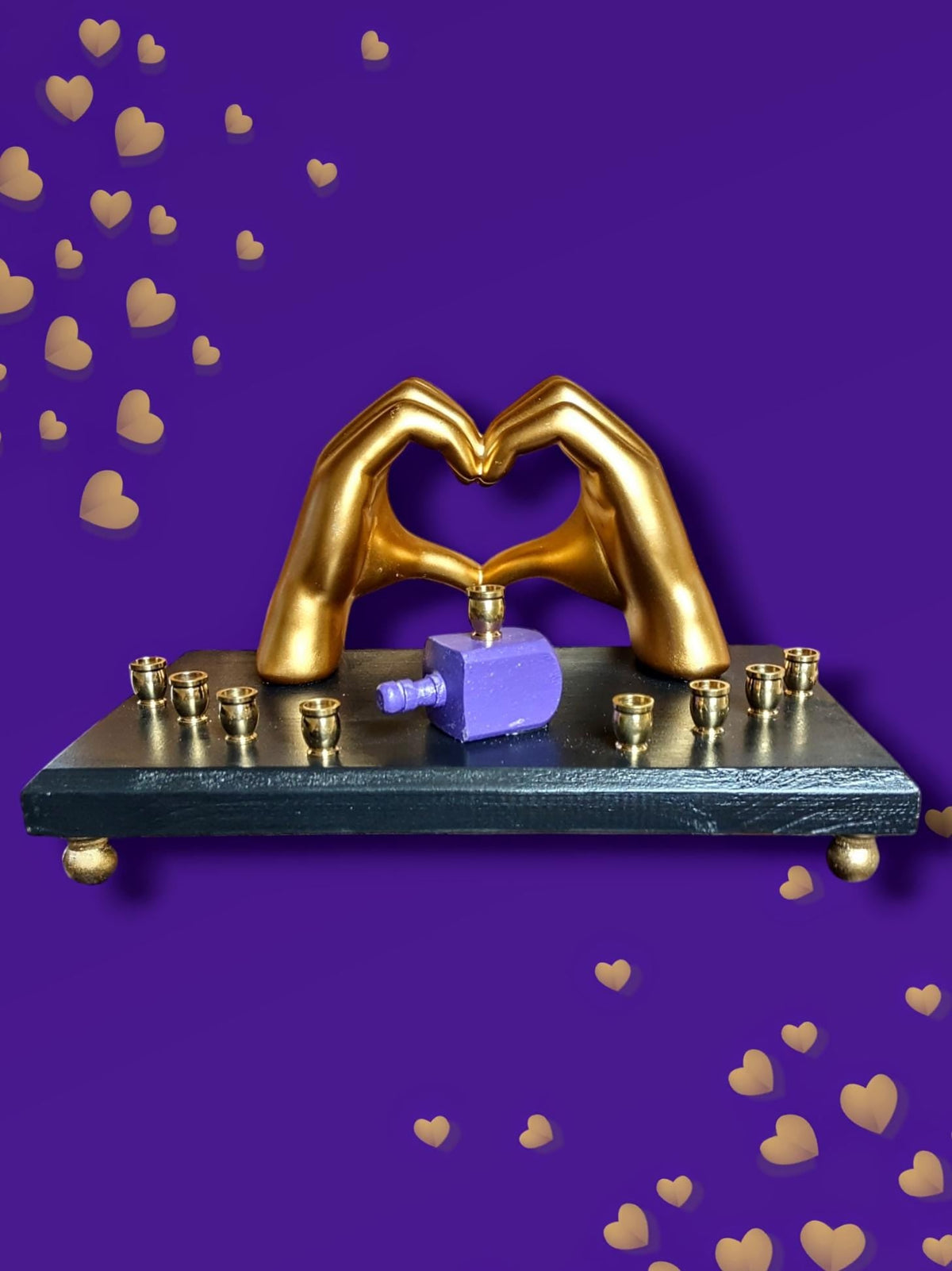 Swiftie Fan Menorah — golden ASL I love you hands with purple glitter dreidel | Judaica Square Lakewood (view 3)