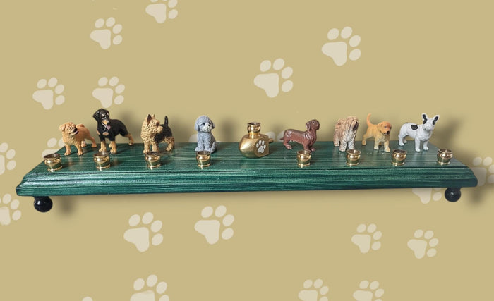 Dog breed menorah — row of painted dogs on a stained base with a paw print dreidel | Judaica Square Lakewood