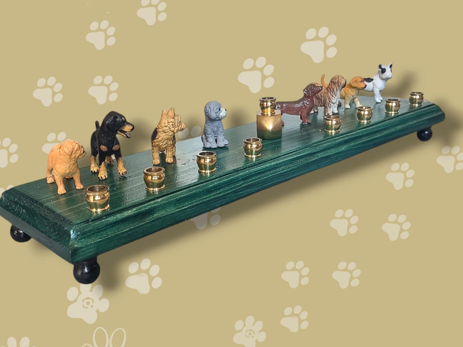 Dog breed menorah — row of painted dogs on a stained base with a paw print dreidel | Judaica Square Lakewood (view 2)