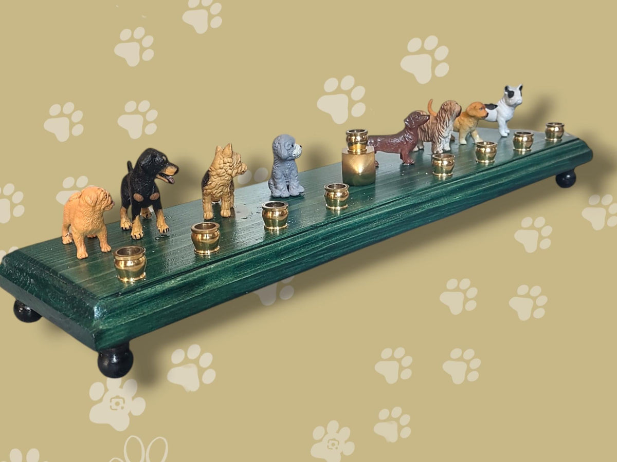 Dog breed menorah — row of painted dogs on a stained base with a paw print dreidel | Judaica Square Lakewood (view 2)