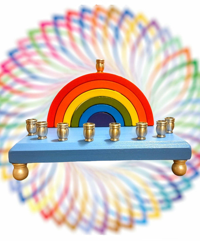 Rainbow Block Menorah — stacked colored wood blocks with silver aluminum candle cups | Judaica Square Lakewood
