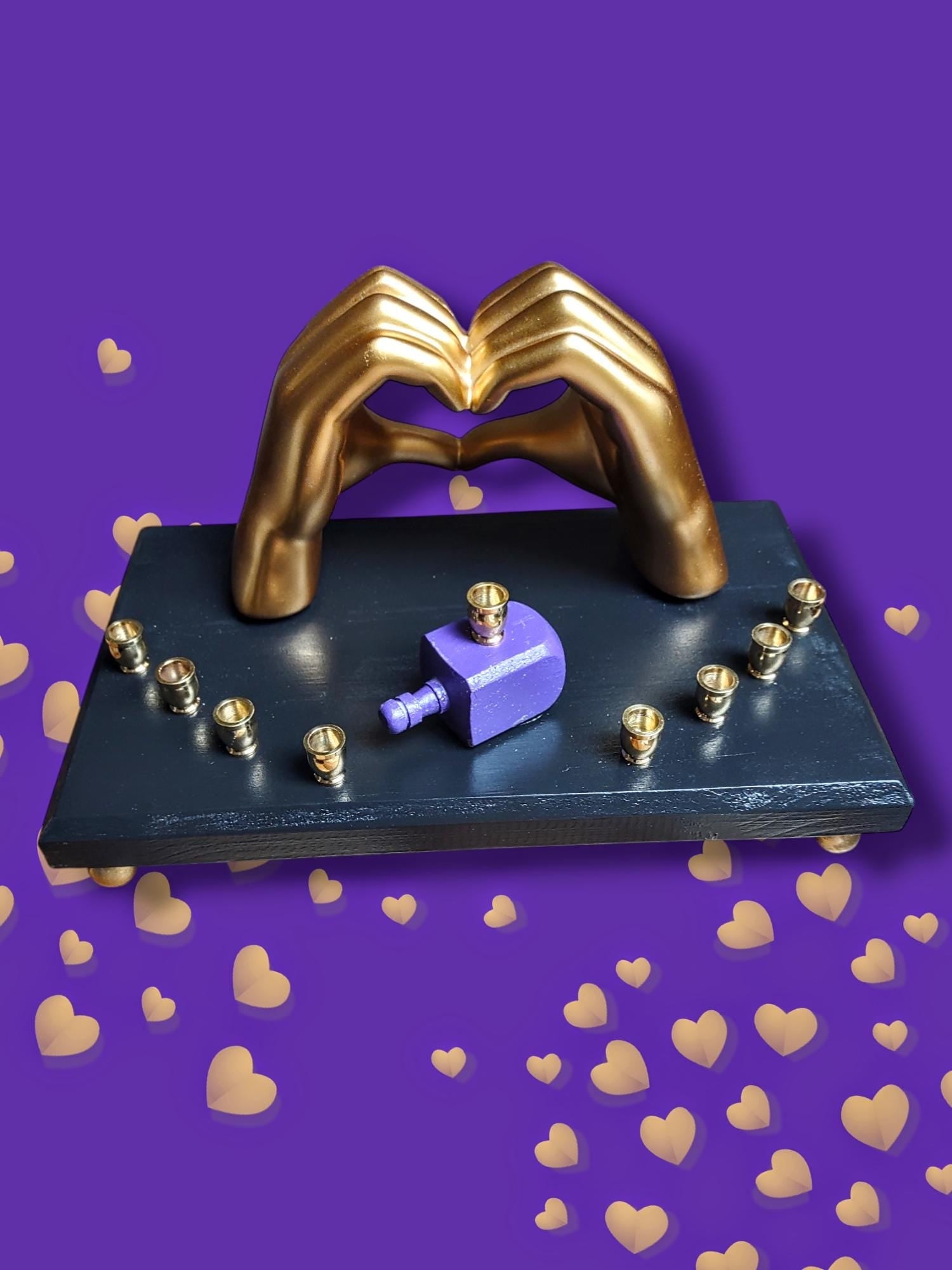 Swiftie Fan Menorah — golden ASL I love you hands with purple glitter dreidel | Judaica Square Lakewood (view 2)