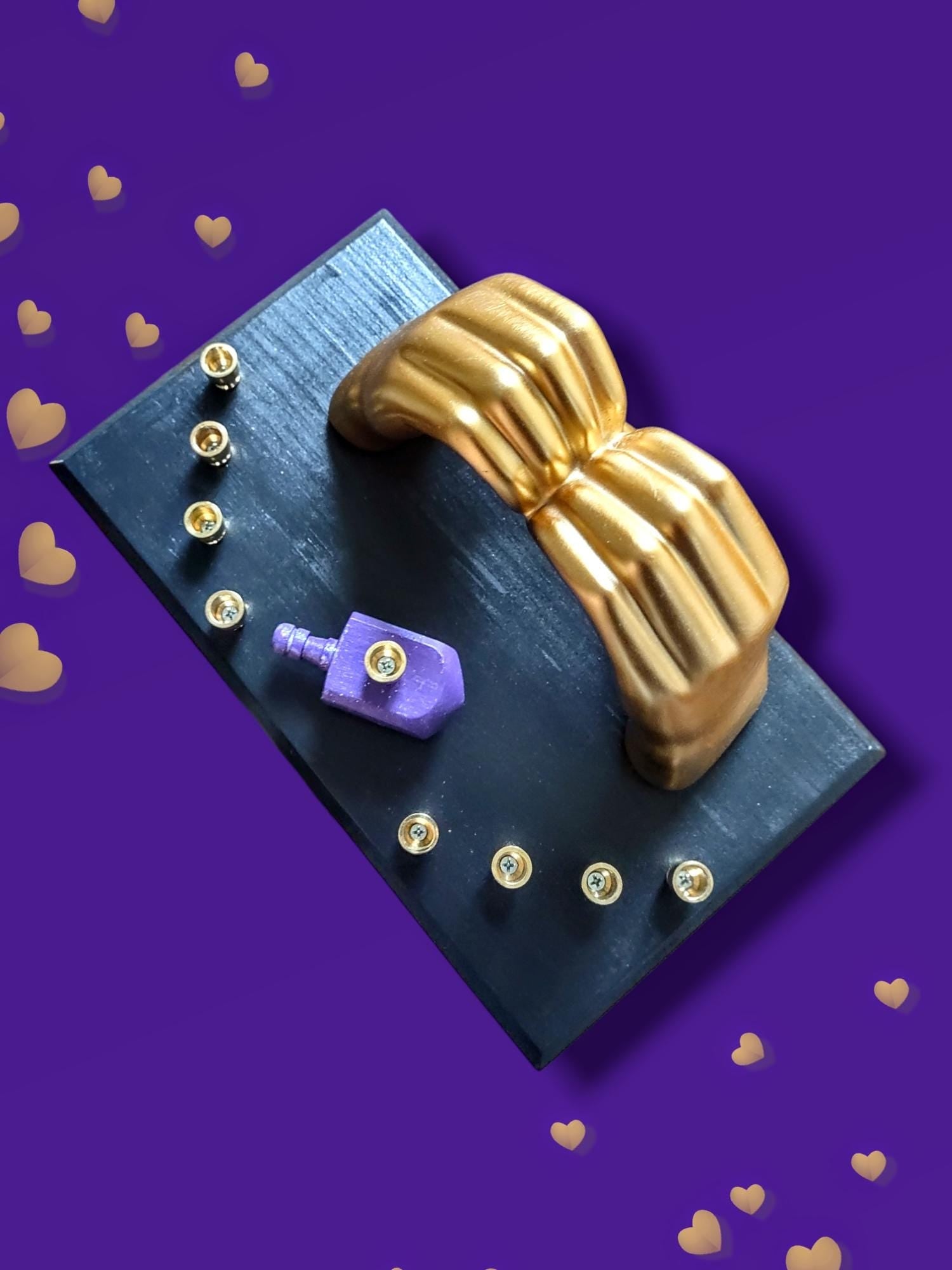 Swiftie Fan Menorah — golden ASL I love you hands with purple glitter dreidel | Judaica Square Lakewood (view 4)