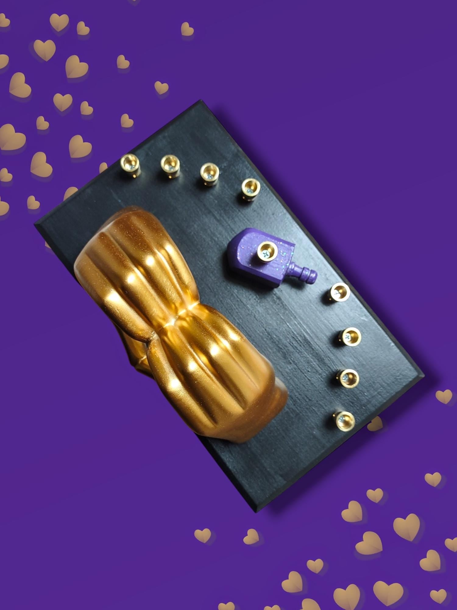Swiftie Fan Menorah — golden ASL I love you hands with purple glitter dreidel | Judaica Square Lakewood (view 5)