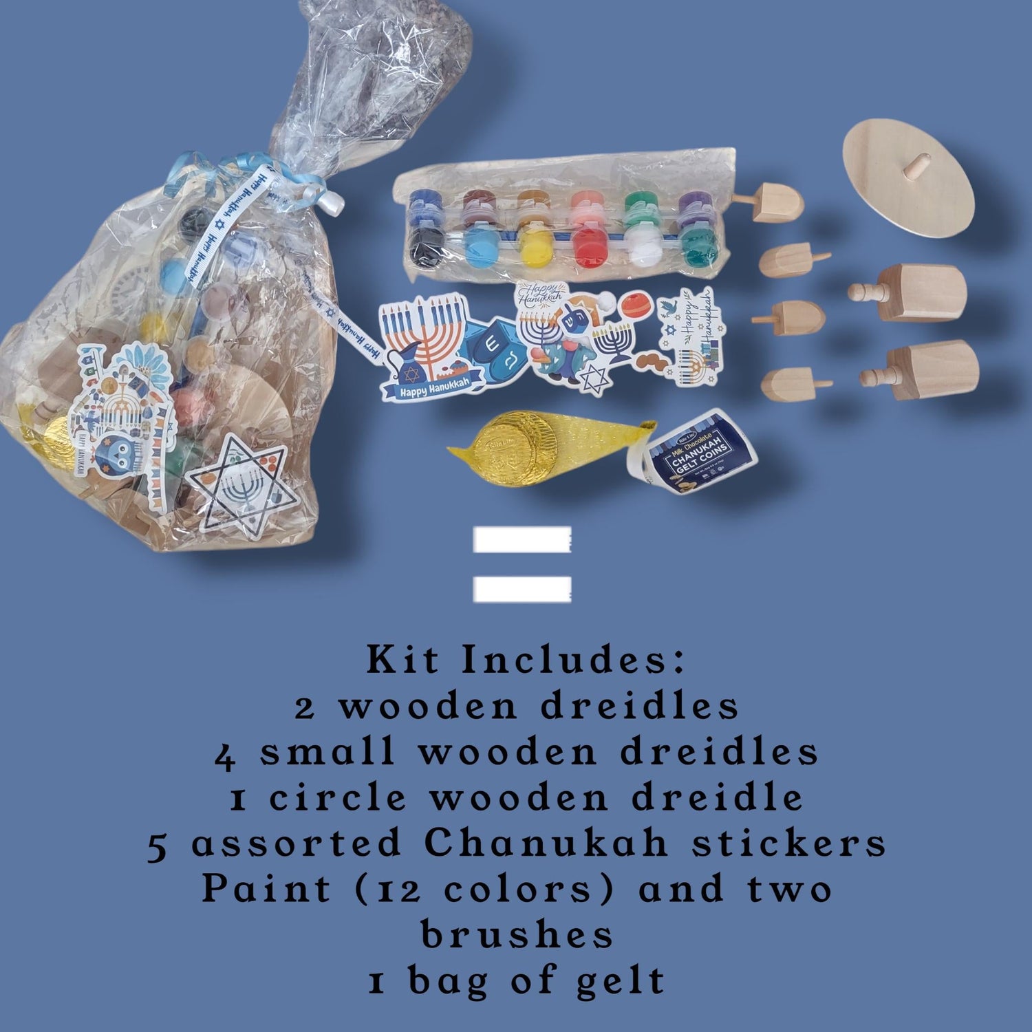 Dreidel Craft Kit — wooden dreidels, paints, brushes and stickers | Judaica Square Lakewood (view 3)