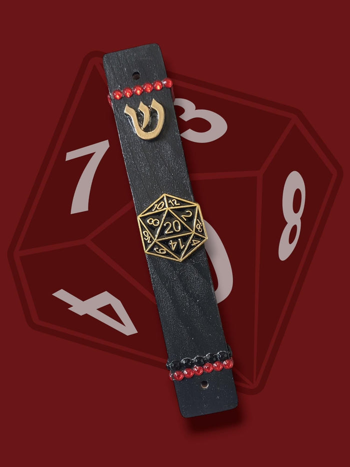 D20 dice mezuzah case — black wood case with Dungeons and Dragons die and rhinestones | Judaica Square Lakewood