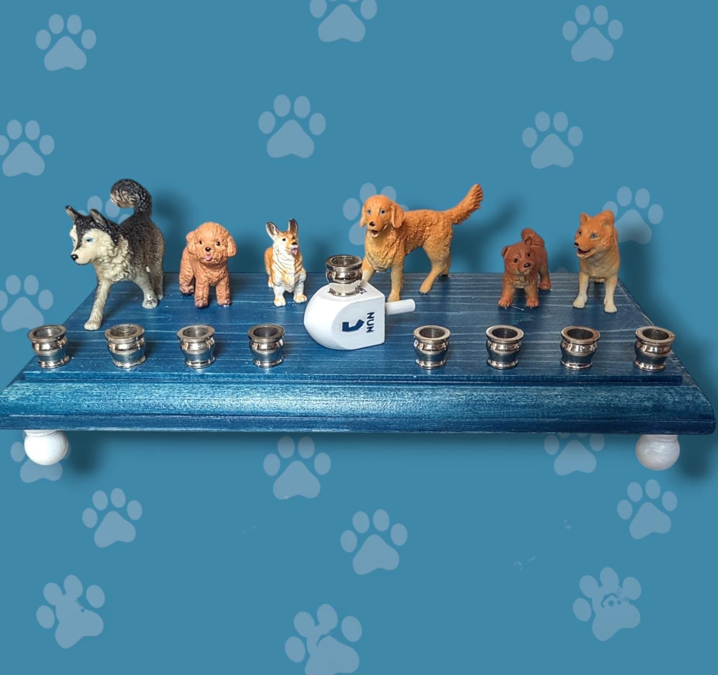 Dog breed menorah — row of painted dogs on a stained base with a paw print dreidel | Judaica Square Lakewood (view 4)