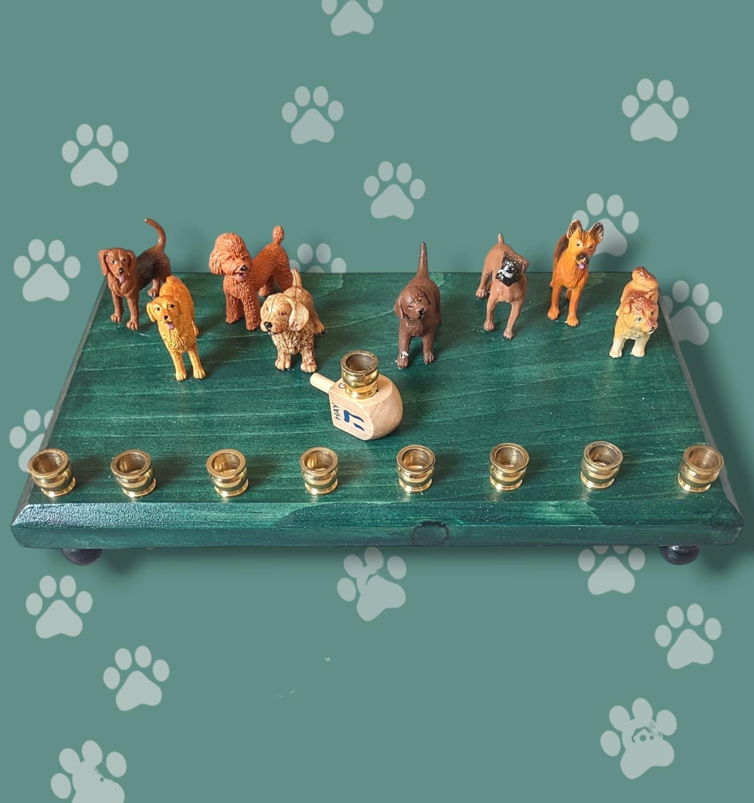 Dog breed menorah — row of painted dogs on a stained base with a paw print dreidel | Judaica Square Lakewood (view 5)