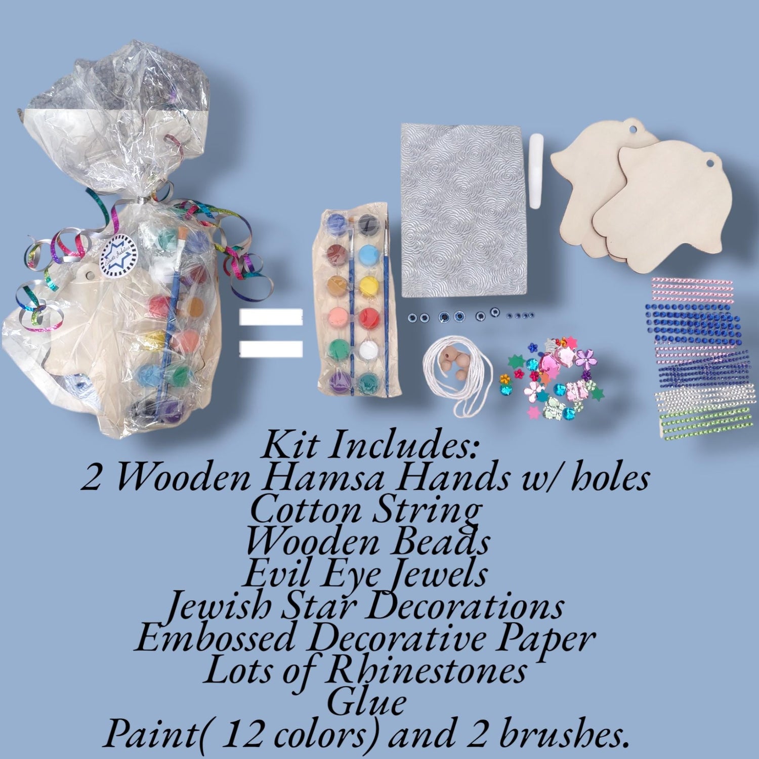 Hamsa and mezuzah craft kits — wooden hamsa hands, mezuzah cases, rhinestones and paint | Judaica Square Lakewood (view 2)