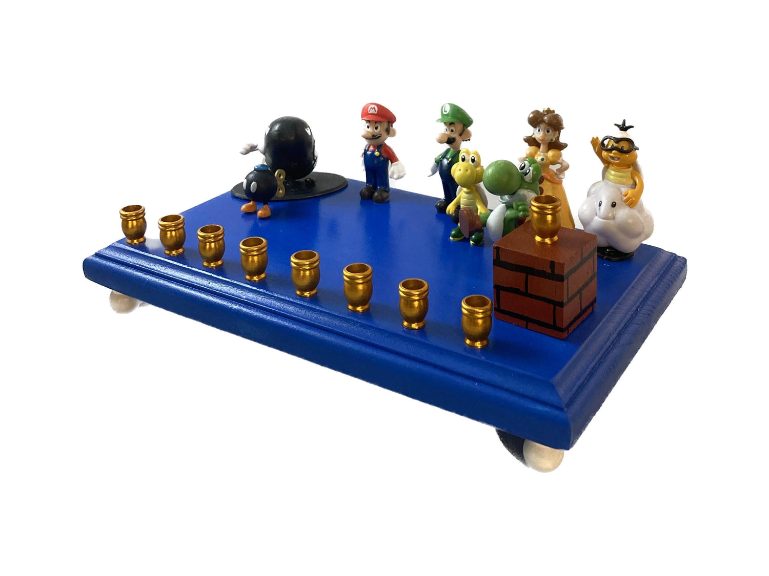 Super Mario Menorah — Mario and friends figures on painted wood base | Judaica Square Lakewood (view 3)