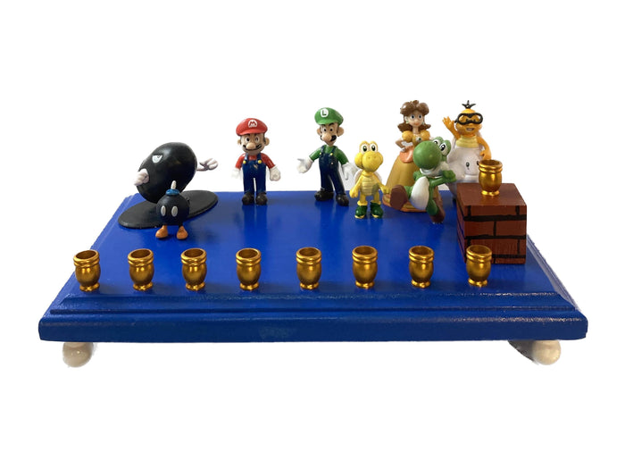 Super Mario Menorah — Mario and friends figures on painted wood base | Judaica Square Lakewood