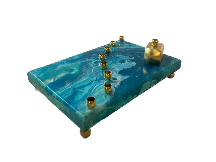 Paint Pour Menorah — Teal and Turquoise Hand-Poured Acrylic